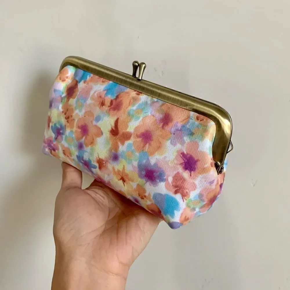 Handmade Genuine Leather Floral Print, Metal Frame Small Clutch/Cosmetic Case